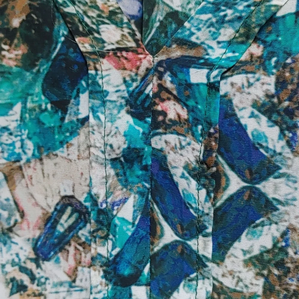 Zara Green Teal Blue Printed V-Neck Blouse - Picture 14 of 15